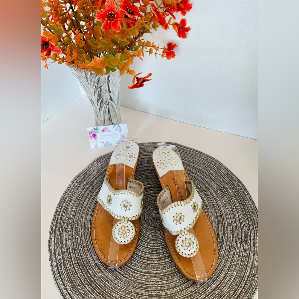 JACK ROGERS USA Sandals “Hamptons”Platinum (Retired) Mid-Wedge White w Gold Trim - Picture 14 of 14